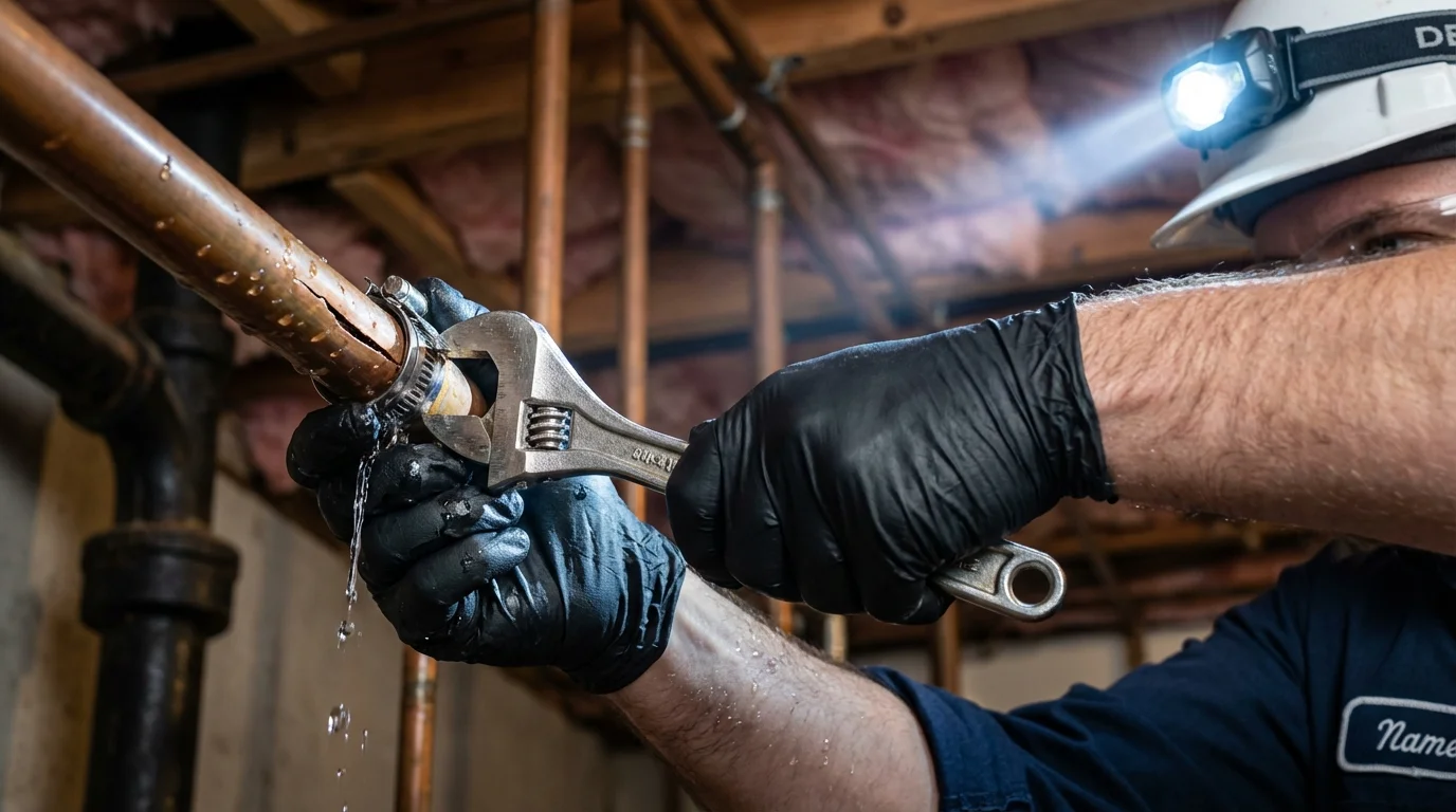 Emergency pipe clamp repair being performed by a Johns Plumbing LLC plumber in Pleasanton