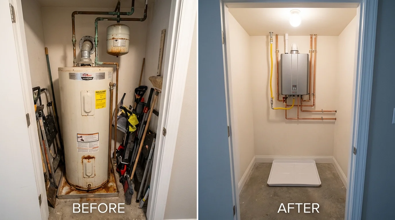 Tank water heater versus wall-mounted tankless unit comparison for Pleasanton, TX homeowners