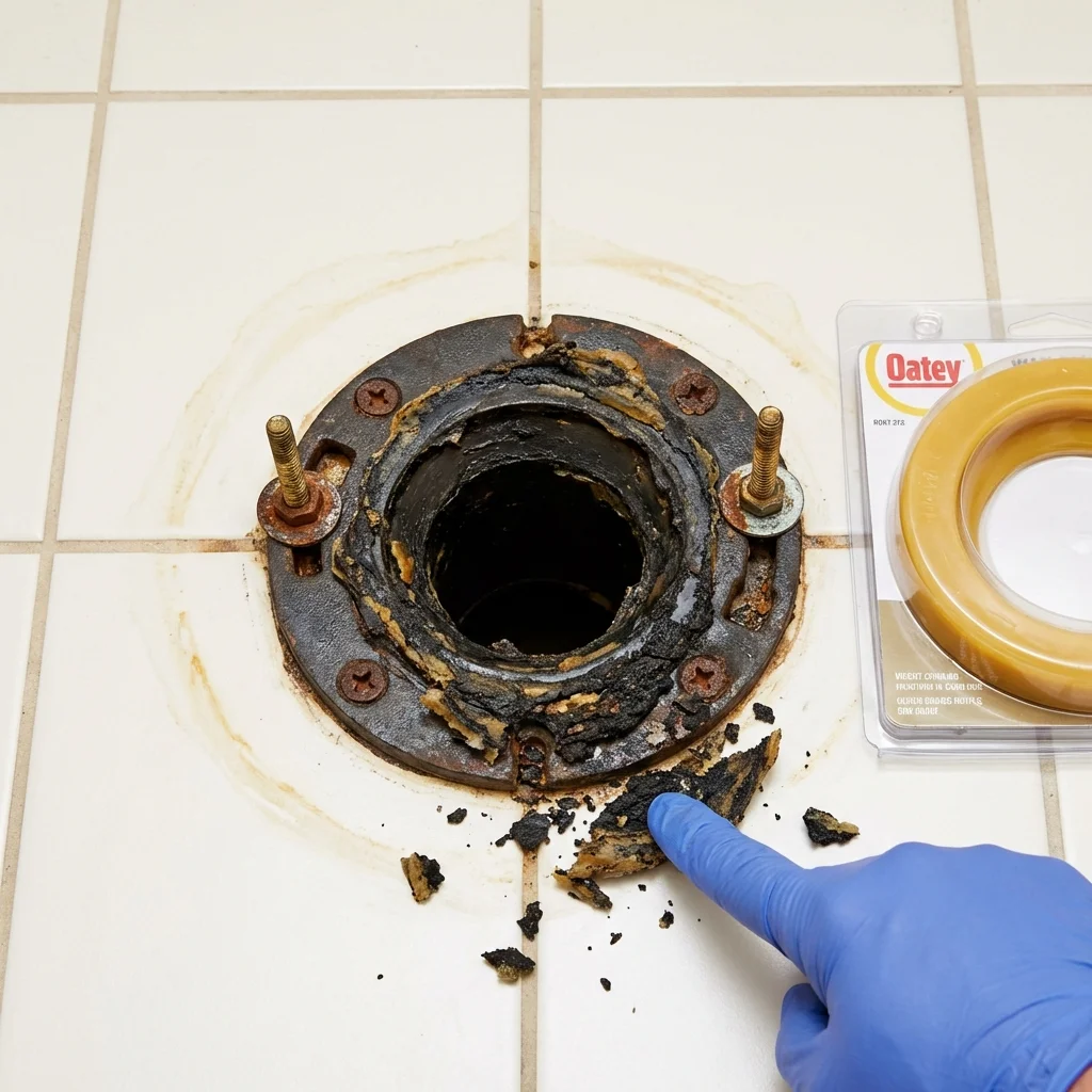 Failed wax ring showing water seepage at the base of a toilet in a Pleasanton, TX home